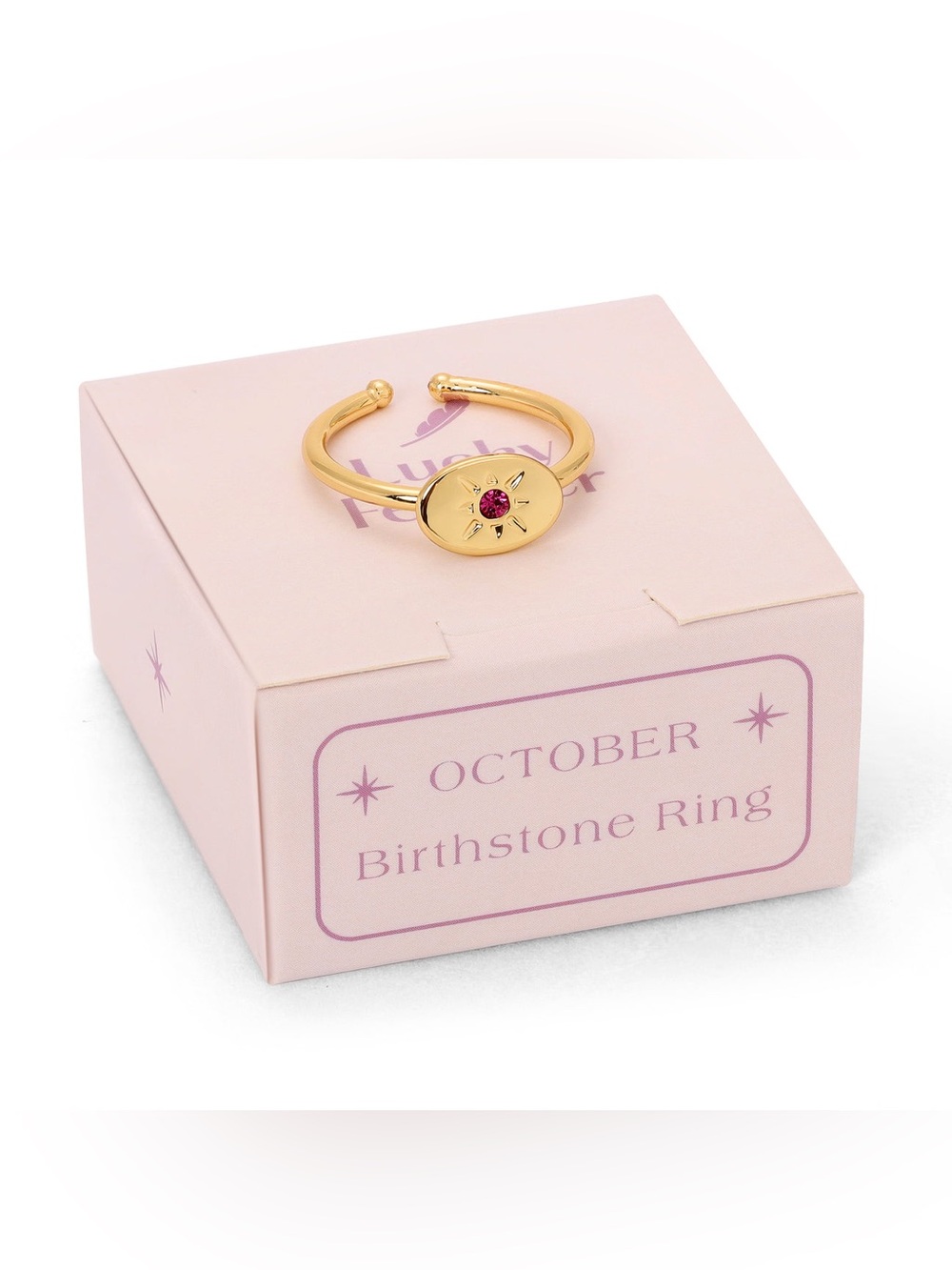 NWT Lucky Feather Birthstone Gold Signet Ring - October Tourmaline Pink